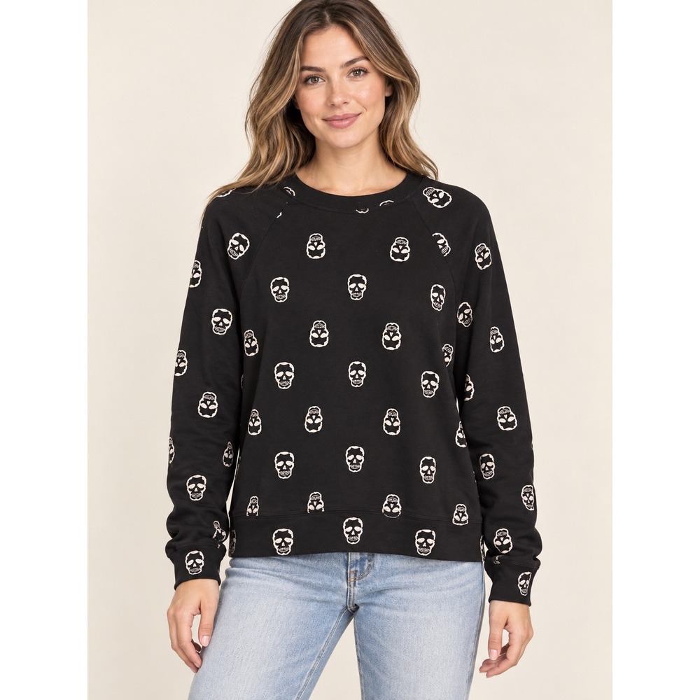 For The Republic Womens Black Skull Print Raglan Sweatshirt Size M Pullover